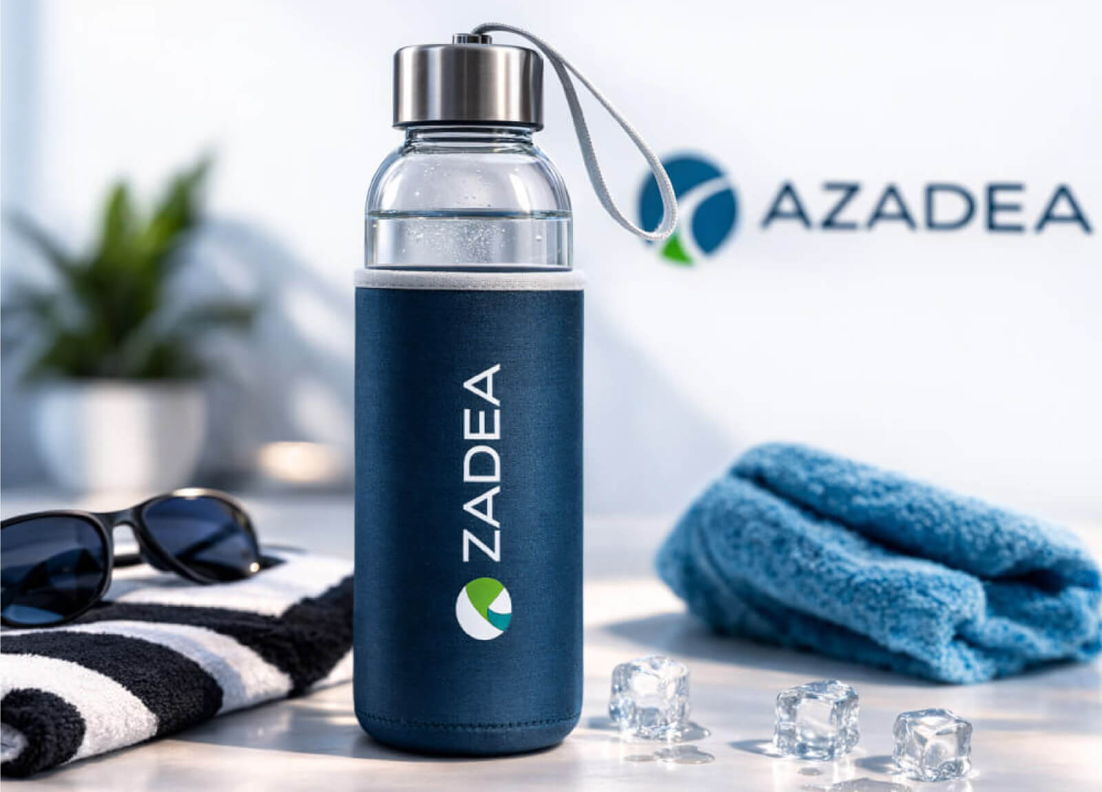 Sunglass Hut campaign merchandise – branded towel and water bottle