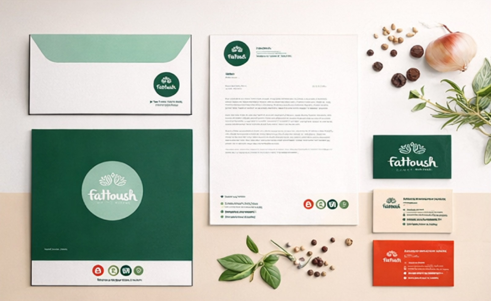 Fattoush Healthy Dining stationery and brand collateral system