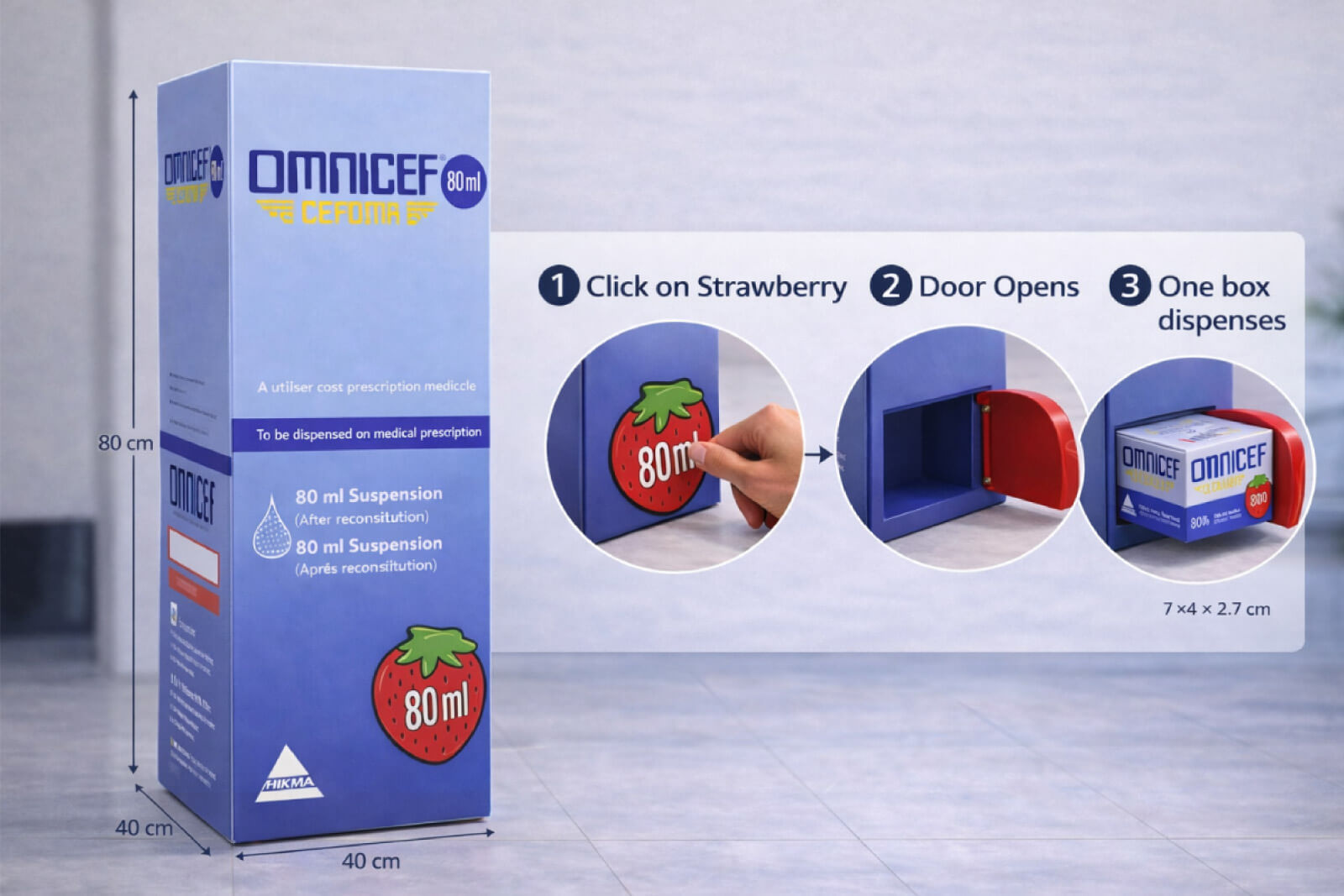 Omnicef pediatric clinic dispenser shaped like medication packaging